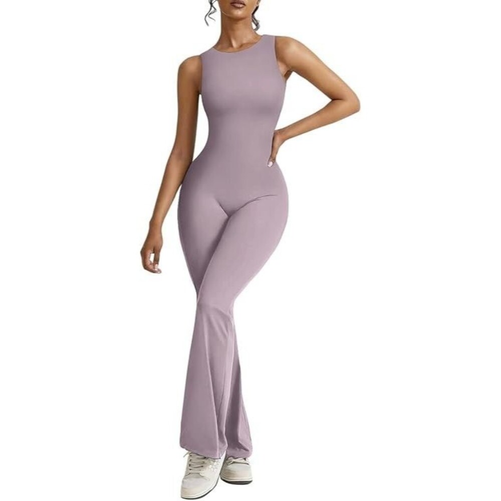 Reoria Women Size Large Lilac Bodysuit Bodycon Romper Flare Jumpsuit Sleeveless